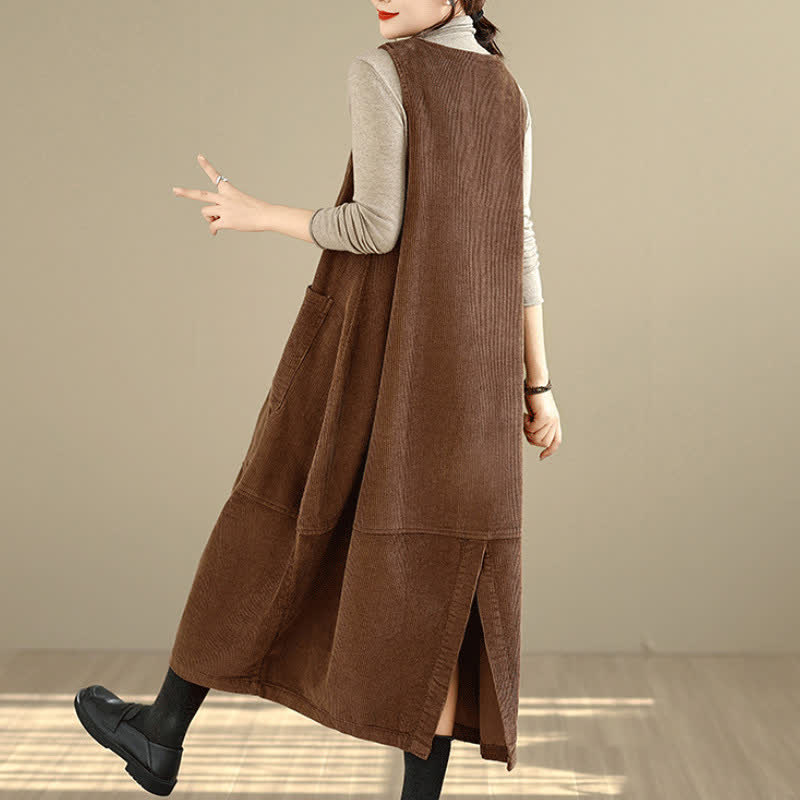 Buddha Stones Fall Winter Vintage Plain Solid Scoop Neck Women's Winter Sleeveless Dress With Pockets - image 4