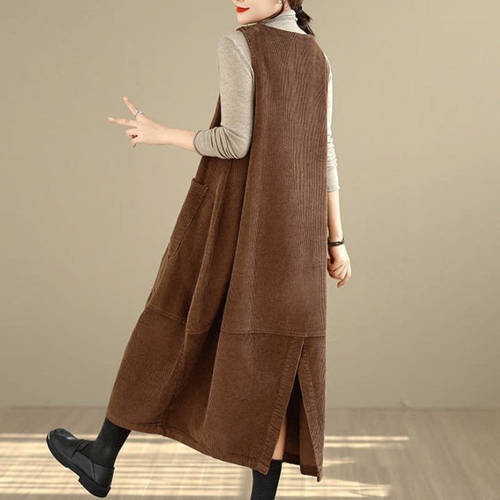 Buddha Stones Fall Winter Vintage Plain Solid Scoop Neck Women's Winter Sleeveless Dress With Pockets - image 4
