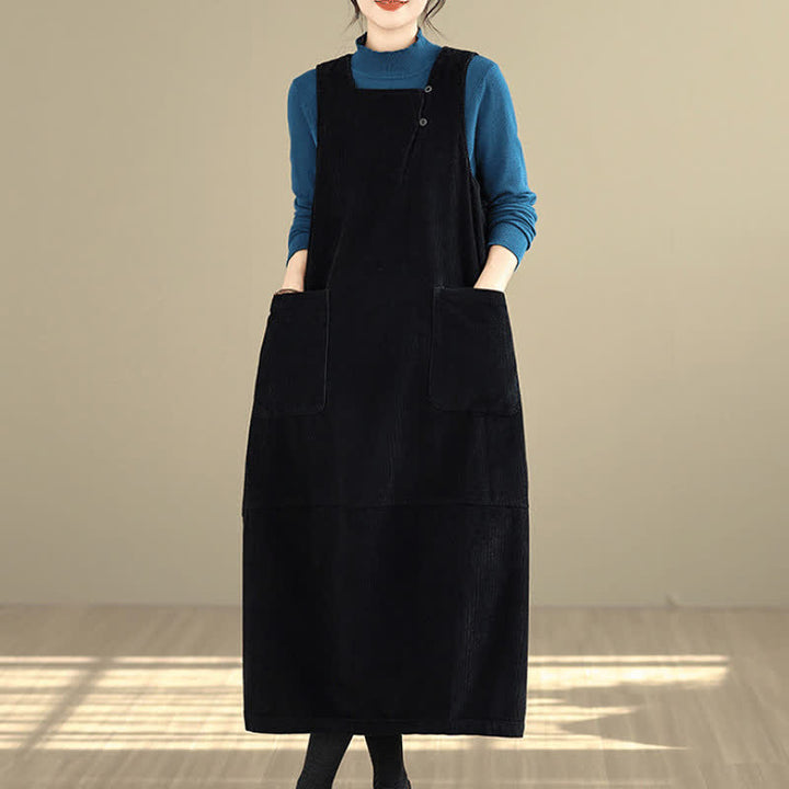 Buddha Stones Fall Winter Vintage Plain Solid Scoop Neck Women's Winter Sleeveless Dress With Pockets - image 13