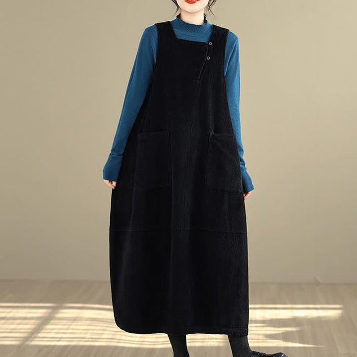 Buddha Stones Fall Winter Vintage Plain Solid Scoop Neck Women's Winter Sleeveless Dress With Pockets - image 12