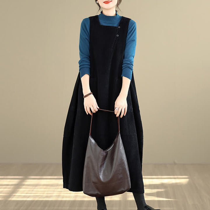 Buddha Stones Fall Winter Vintage Plain Solid Scoop Neck Women's Winter Sleeveless Dress With Pockets - image 16