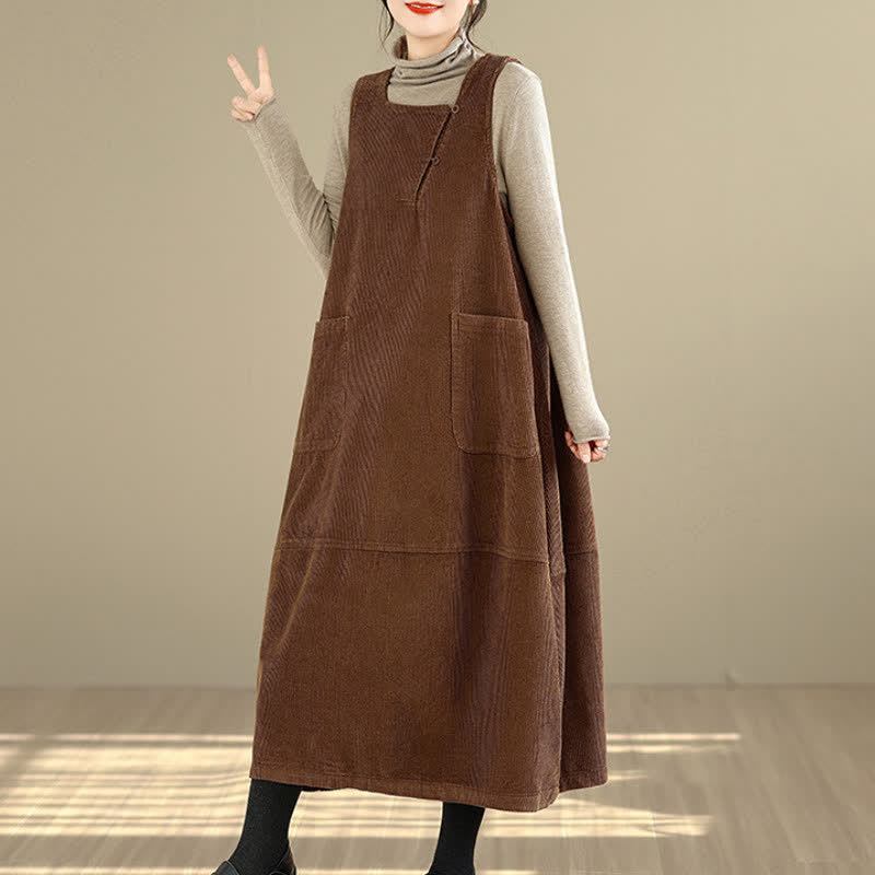Buddha Stones Fall Winter Vintage Plain Solid Scoop Neck Women's Winter Sleeveless Dress With Pockets - image 5