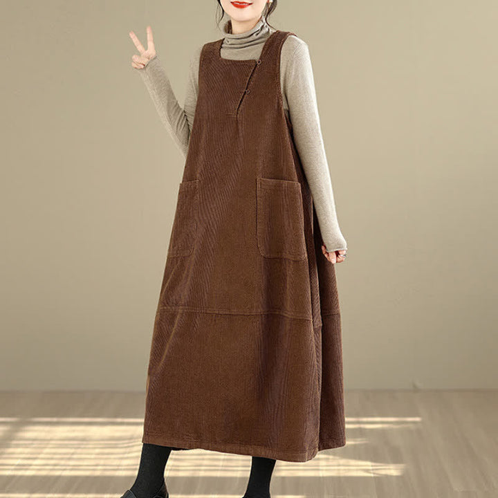 Buddha Stones Fall Winter Vintage Plain Solid Scoop Neck Women's Winter Sleeveless Dress With Pockets - image 5