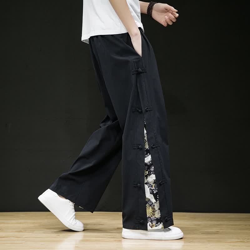 Buddha Stones Spring Summer Casual Tang Style Crane Side Slit Long Pants Men's Straight Leg Pants With Pockets - image 3