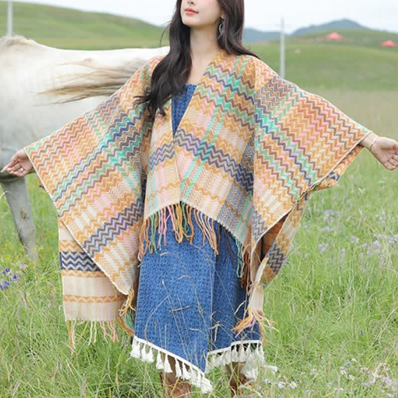 Buddha Stones Fall Winter Boho Wavy Stripes Tassel Style Women's Shawl - Khaki Approx. 51.2 in × 59.1 in / 130 × 150 cm - image 18