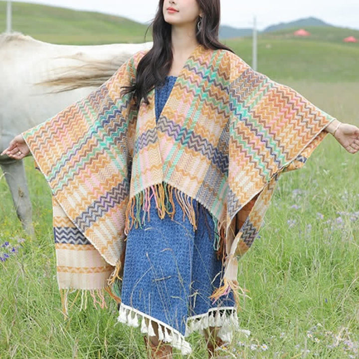 Buddha Stones Fall Winter Boho Wavy Stripes Tassel Style Women's Shawl - Khaki Approx. 51.2 in × 59.1 in / 130 × 150 cm - image 18