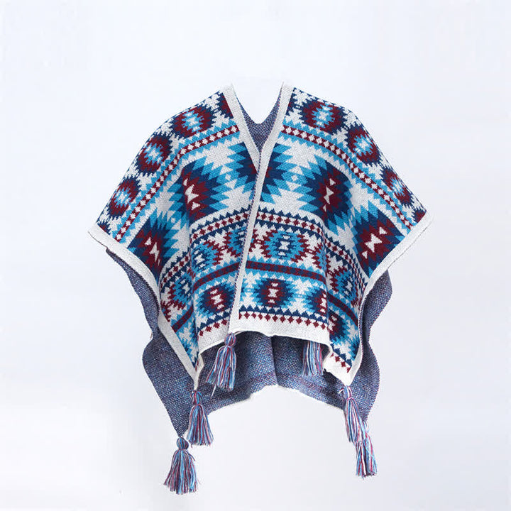 Buddha Stones Spring Fall Boho Geometric Tassel Knit Women's Shawl - CornflowerBlue Approx. 27.6 in × 59.1 in / 70 × 150 cm - image 3