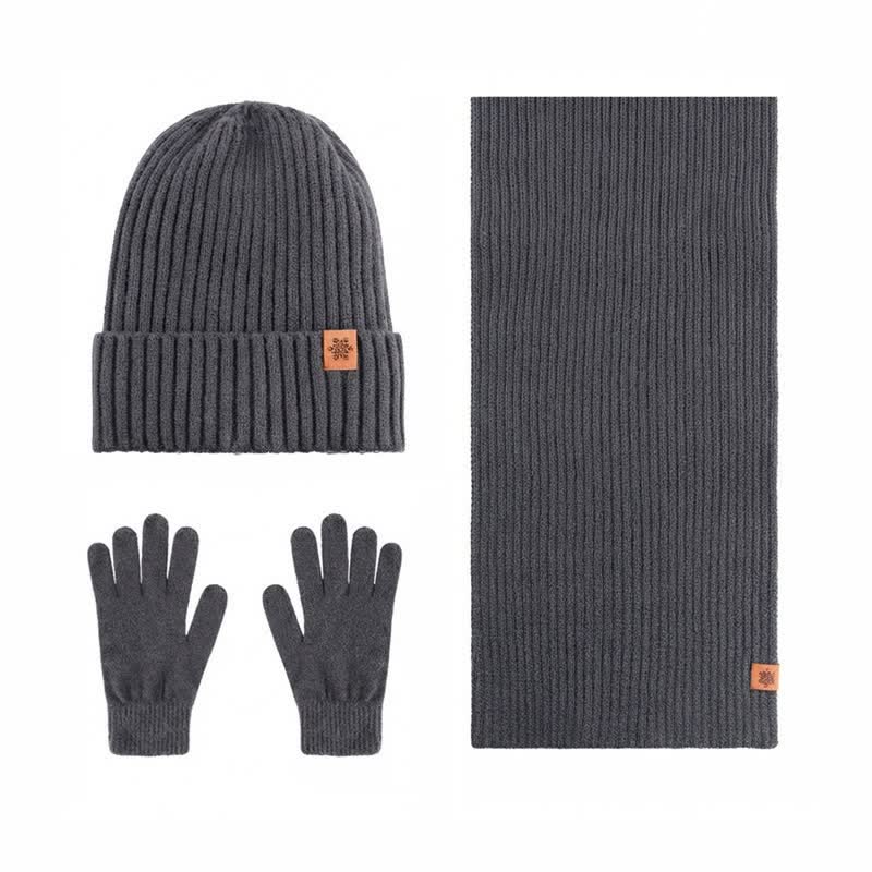 Buddha Stones 3Pcs Winter Ribbed Knit Matching Gift Set Men's Scarf Hat Gloves - 3Pcs Ribbed Dark Gray - image 5