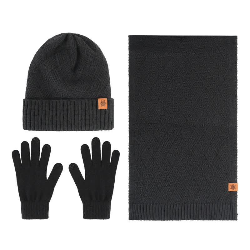 Buddha Stones 3Pcs Winter Ribbed Knit Matching Gift Set Men's Scarf Hat Gloves - 3Pcs Rhombus Black - image 15