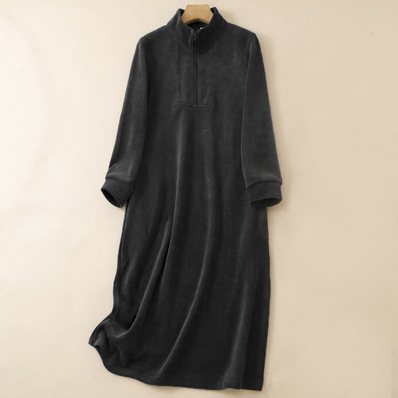 Buddha Stones Fall Winter Casual Tang Style Quarter Zip Solid Corduroy Women's Long Sleeve Dress With Pockets - Black - US8-10, UK/AU12-14, EU40-42 (2XL) - image 13