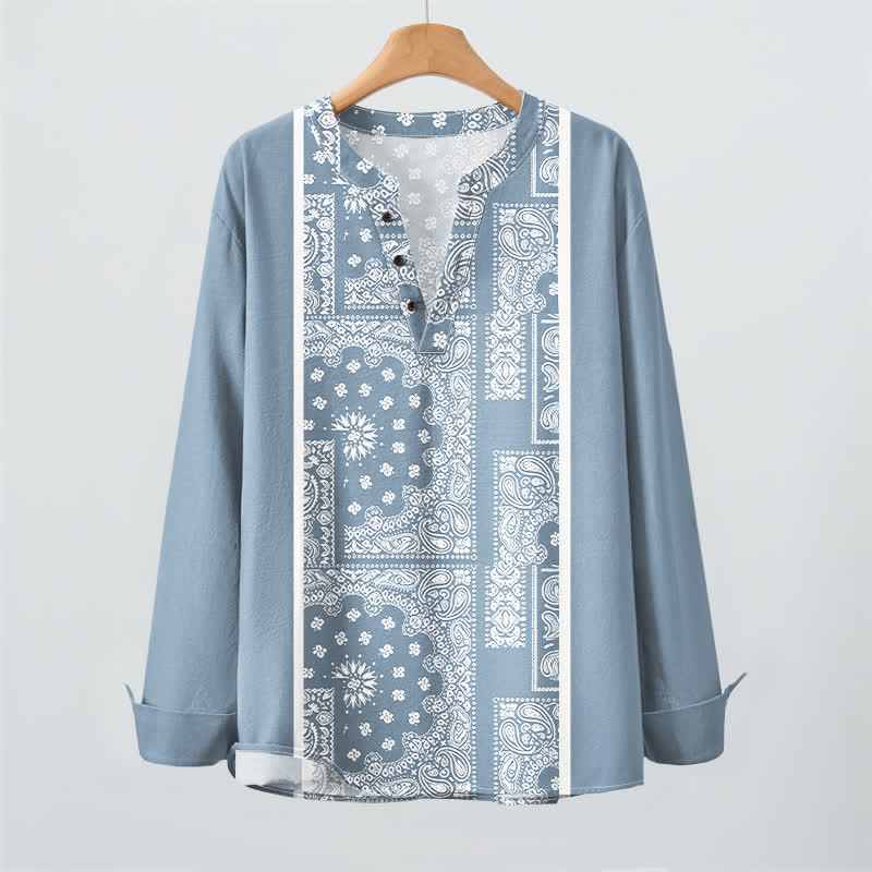 Buddha Stones Cotton Boho Paisley Stripe Pattern V-Neck Buttons Men's Long Sleeve Shirts - image 2