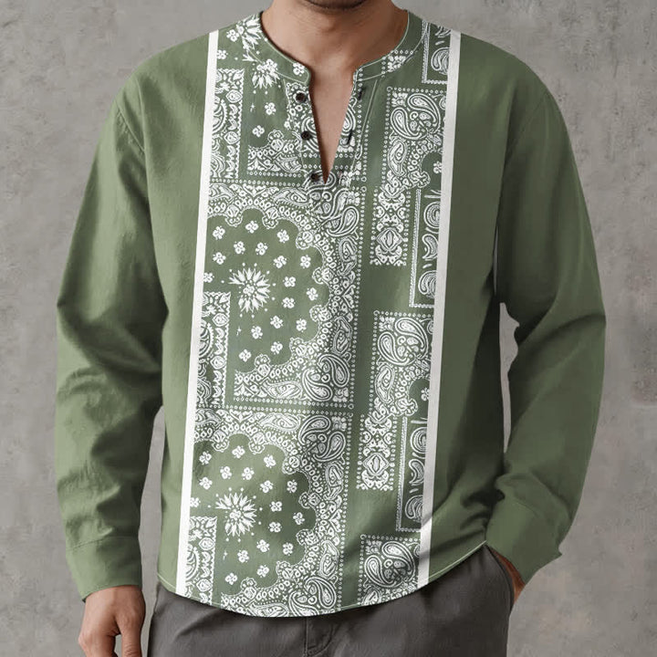 Buddha Stones Cotton Boho Paisley Stripe Pattern V-Neck Buttons Men's Long Sleeve Shirts - image 15