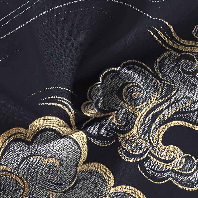 Buddha Stones Cotton Oriental Cloud Pattern V-Neck Buttons Men's Long Sleeve Shirts - image 6