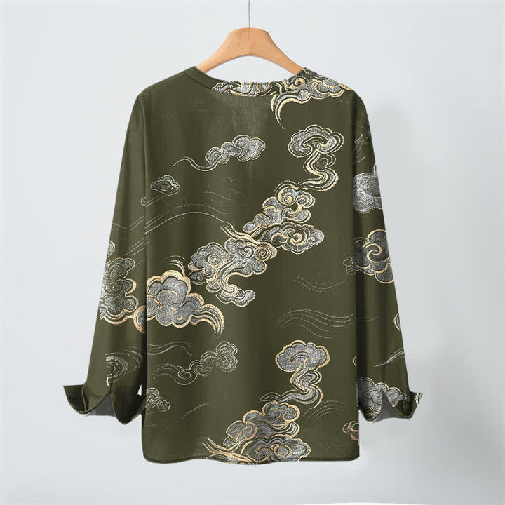 Buddha Stones Cotton Oriental Cloud Pattern V-Neck Buttons Men's Long Sleeve Shirts - image 10