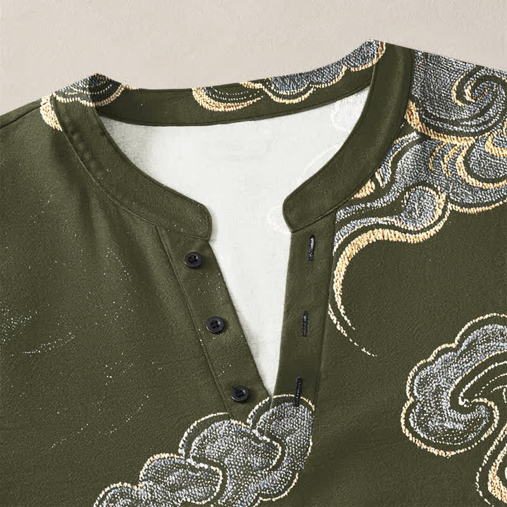 Buddha Stones Cotton Oriental Cloud Pattern V-Neck Buttons Men's Long Sleeve Shirts - image 11