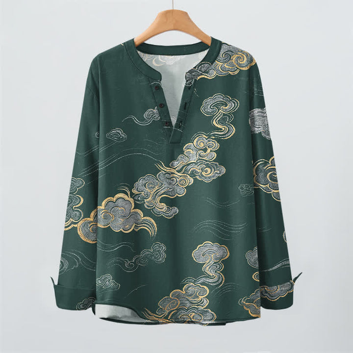 Buddha Stones Cotton Oriental Cloud Pattern V-Neck Buttons Men's Long Sleeve Shirts - image 16
