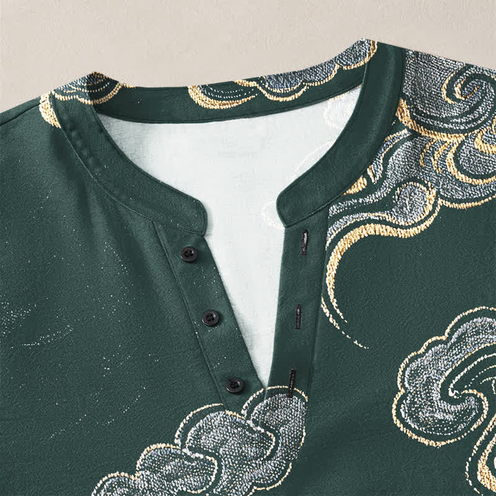 Buddha Stones Cotton Oriental Cloud Pattern V-Neck Buttons Men's Long Sleeve Shirts - image 18