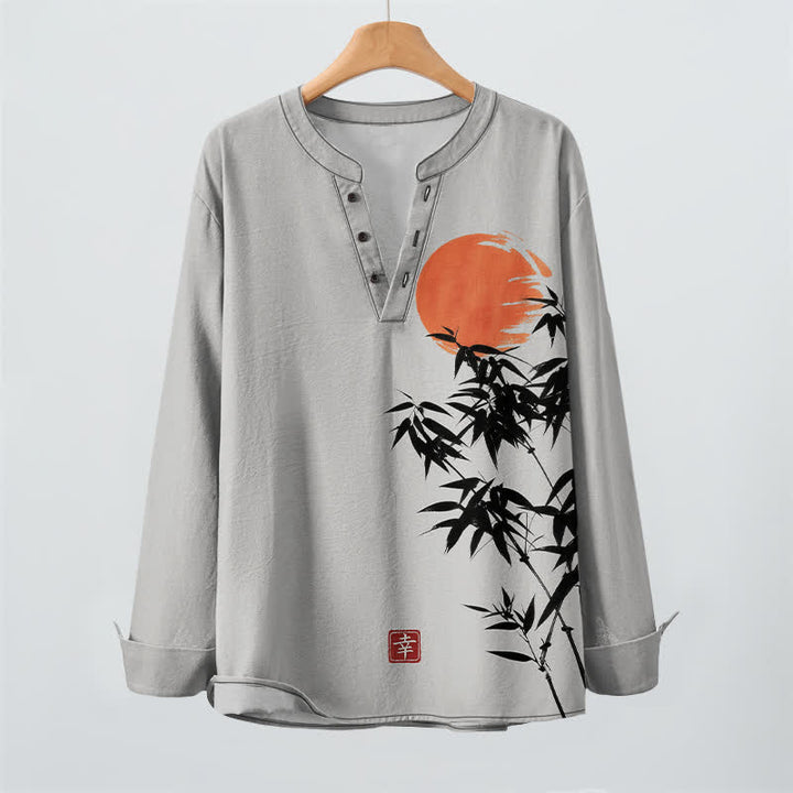 Buddha Stones Cotton Ink Bamboo Sun Pattern V-Neck Buttons Men's Long Sleeve Shirts - image 9