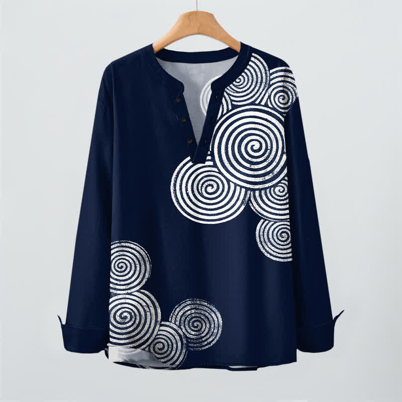 Buddha Stones Cotton Bohemian Spiral Pattern V-Neck Buttons Men's Long Sleeve Shirts - image 2