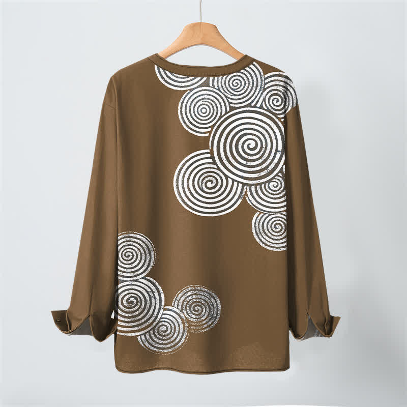Buddha Stones Cotton Bohemian Spiral Pattern V-Neck Buttons Men's Long Sleeve Shirts - image 10