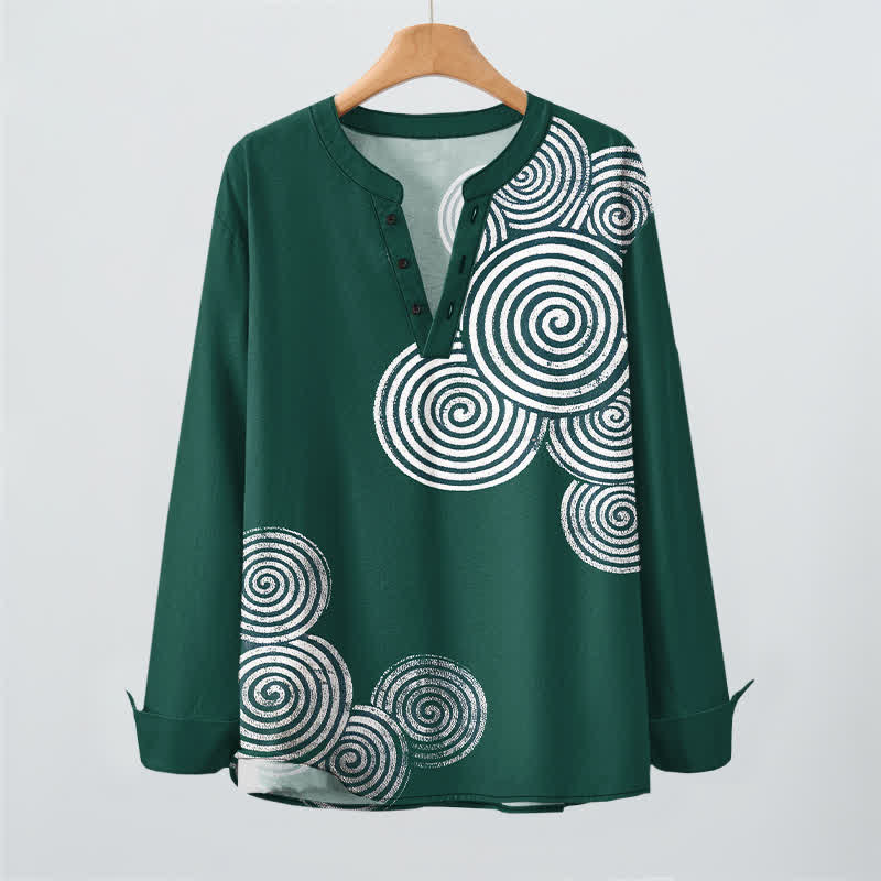 Buddha Stones Cotton Bohemian Spiral Pattern V-Neck Buttons Men's Long Sleeve Shirts - image 16
