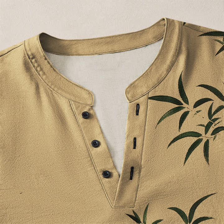 Buddha Stones Cotton Eastern Bamboo Seal Pattern V-Neck Buttons Men's Long Sleeve Shirts - image 4