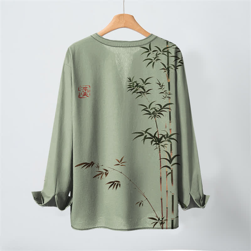 Buddha Stones Cotton Eastern Bamboo Seal Pattern V-Neck Buttons Men's Long Sleeve Shirts - image 10
