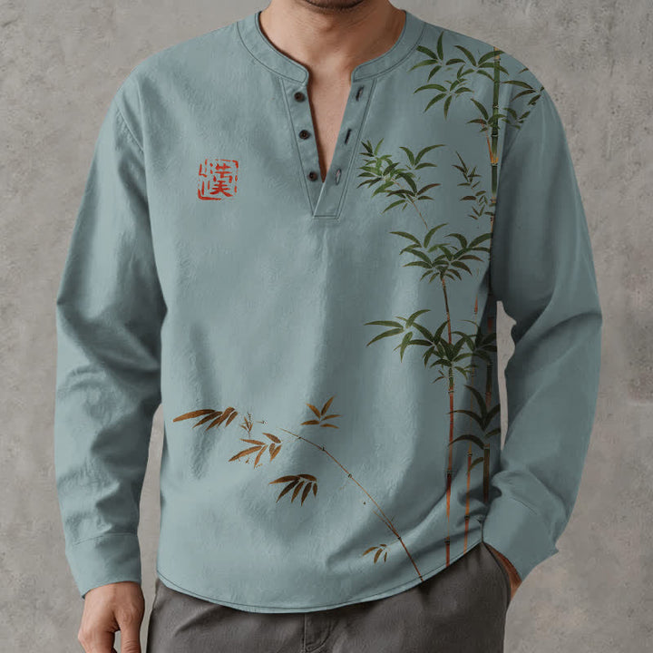 Buddha Stones Cotton Eastern Bamboo Seal Pattern V-Neck Buttons Men's Long Sleeve Shirts - image 15