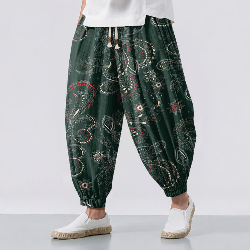 Buddha Stones Pure Cotton Ethnic Floral Paisley Pattern Drawstring Men's Harem Pants With Pockets - DarkGreen - US/UK/AU50，EU60 (5XL) - image 6