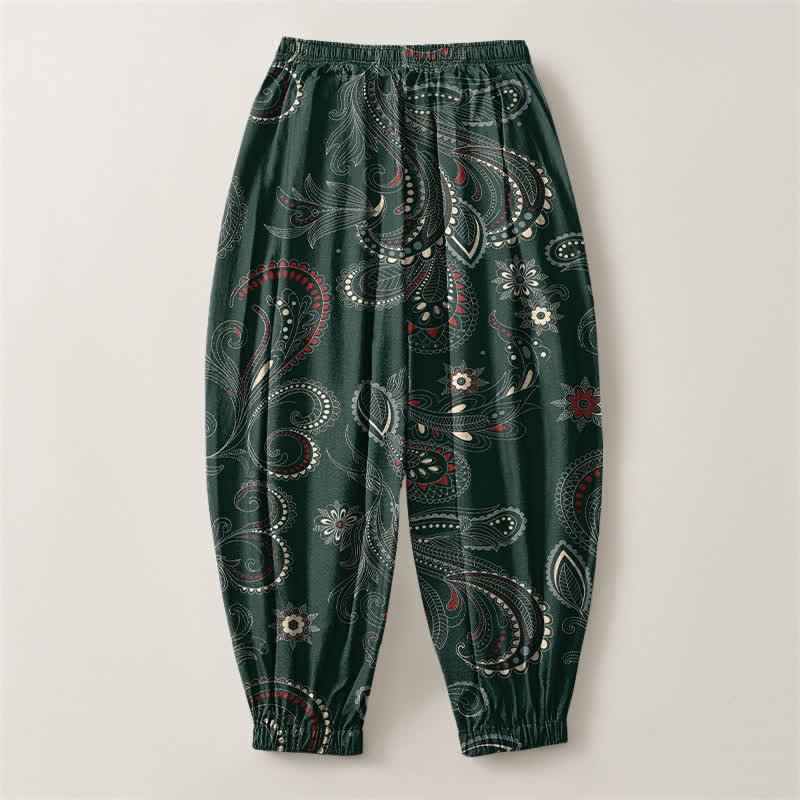 Buddha Stones Pure Cotton Ethnic Floral Paisley Pattern Drawstring Men's Harem Pants With Pockets - image 8
