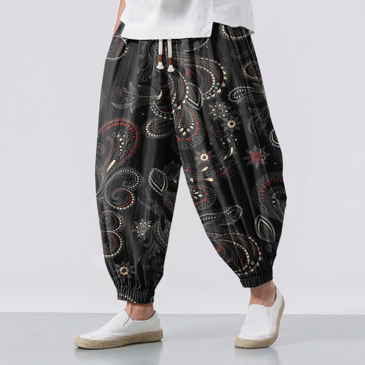 Buddha Stones Pure Cotton Ethnic Floral Paisley Pattern Drawstring Men's Harem Pants With Pockets - Black - US/UK/AU50，EU60 (5XL) - image 12