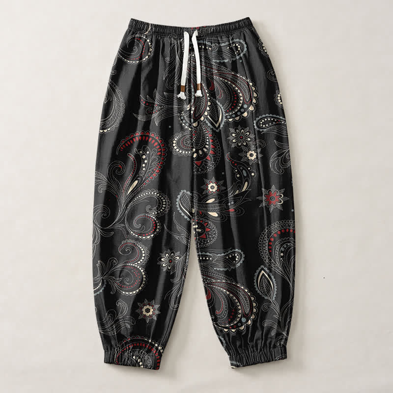 Buddha Stones Pure Cotton Ethnic Floral Paisley Pattern Drawstring Men's Harem Pants With Pockets - image 13