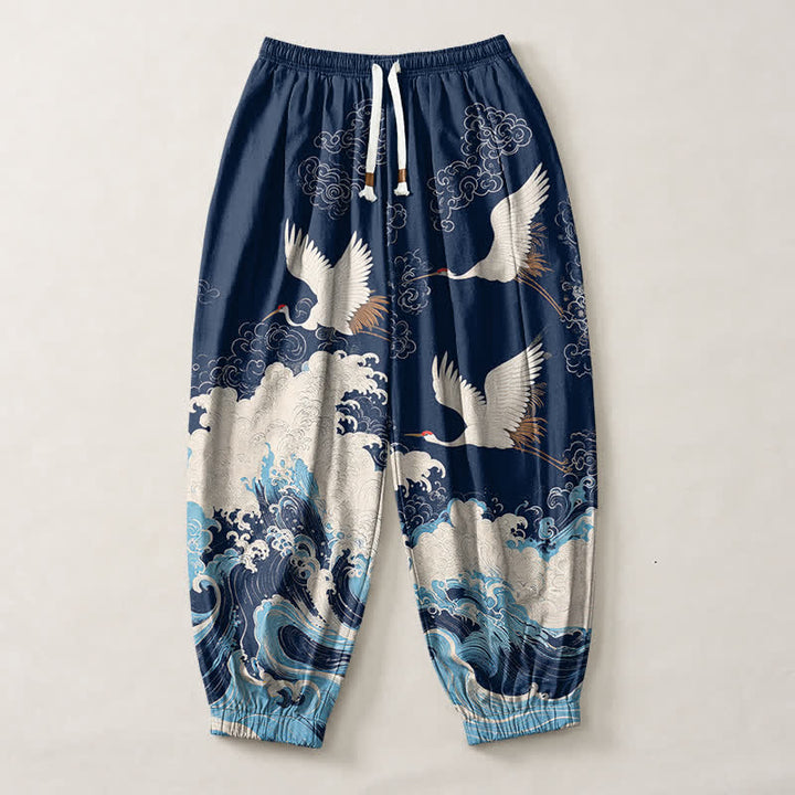 Buddha Stones Pure Cotton White Crane Wave Pattern Drawstring Men's Harem Pants With Pockets - image 1