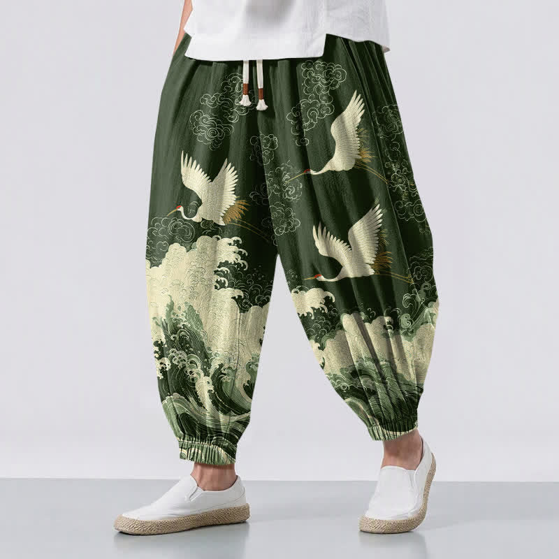 Buddha Stones Pure Cotton White Crane Wave Pattern Drawstring Men's Harem Pants With Pockets - DarkOliveGreen - US/UK/AU50，EU60 (5XL) - image 6