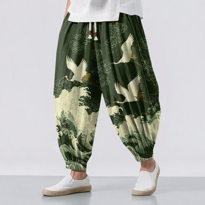 Buddha Stones Pure Cotton White Crane Wave Pattern Drawstring Men's Harem Pants With Pockets - DarkOliveGreen - US/UK/AU50，EU60 (5XL) - image 6