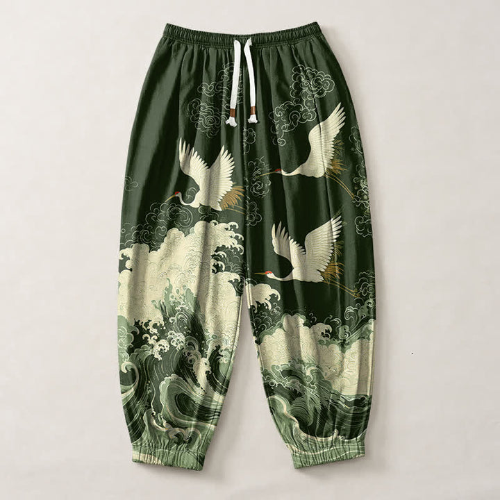 Buddha Stones Pure Cotton White Crane Wave Pattern Drawstring Men's Harem Pants With Pockets - image 7