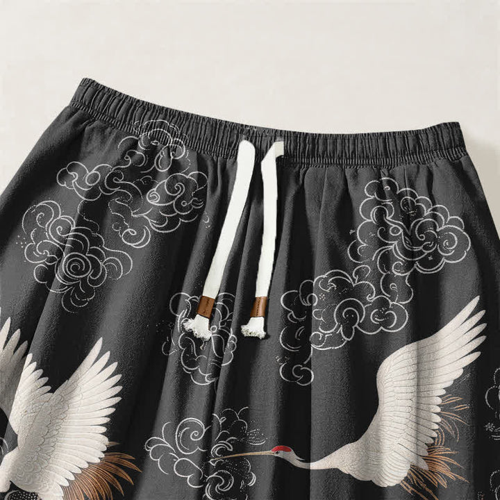 Buddha Stones Pure Cotton White Crane Wave Pattern Drawstring Men's Harem Pants With Pockets - image 15