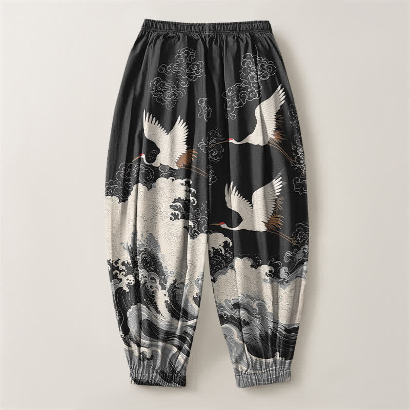 Buddha Stones Pure Cotton White Crane Wave Pattern Drawstring Men's Harem Pants With Pockets - image 14