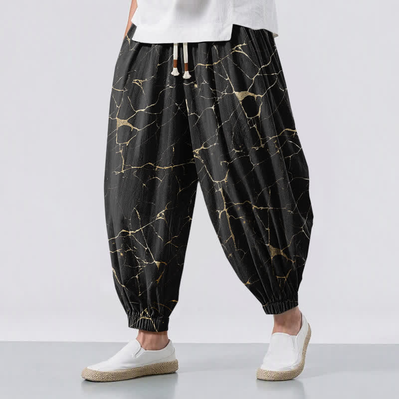 Buddha Stones Pure Cotton Boho Marble Streak Pattern Drawstring Men's Harem Pants With Pockets - Black - US/UK/AU50，EU60 (5XL) - image 0