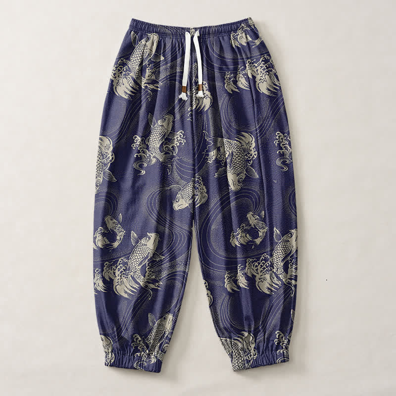 Buddha Stones Pure Cotton Koi Ripple Pattern Drawstring Men's Harem Pants With Pockets - image 1