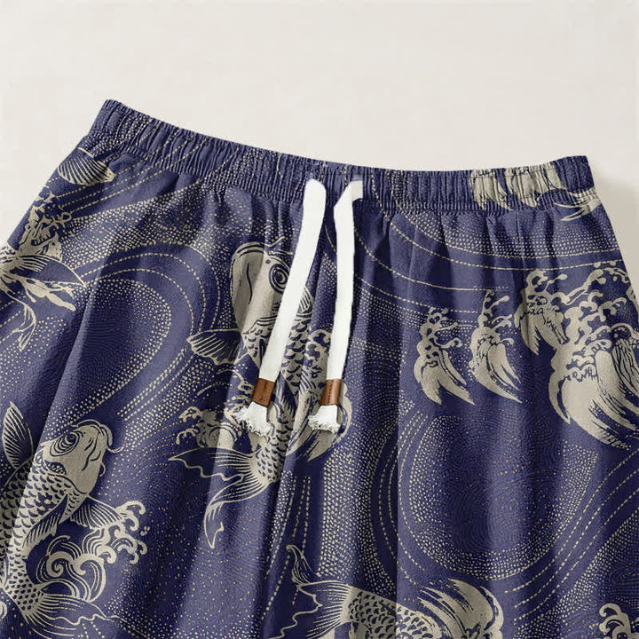 Buddha Stones Pure Cotton Koi Ripple Pattern Drawstring Men's Harem Pants With Pockets - image 3