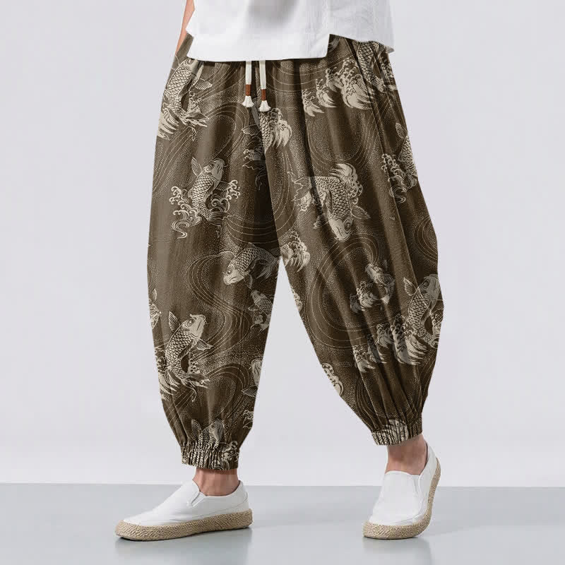 Buddha Stones Pure Cotton Koi Ripple Pattern Drawstring Men's Harem Pants With Pockets - SaddleBrown - US/UK/AU50，EU60 (5XL) - image 12