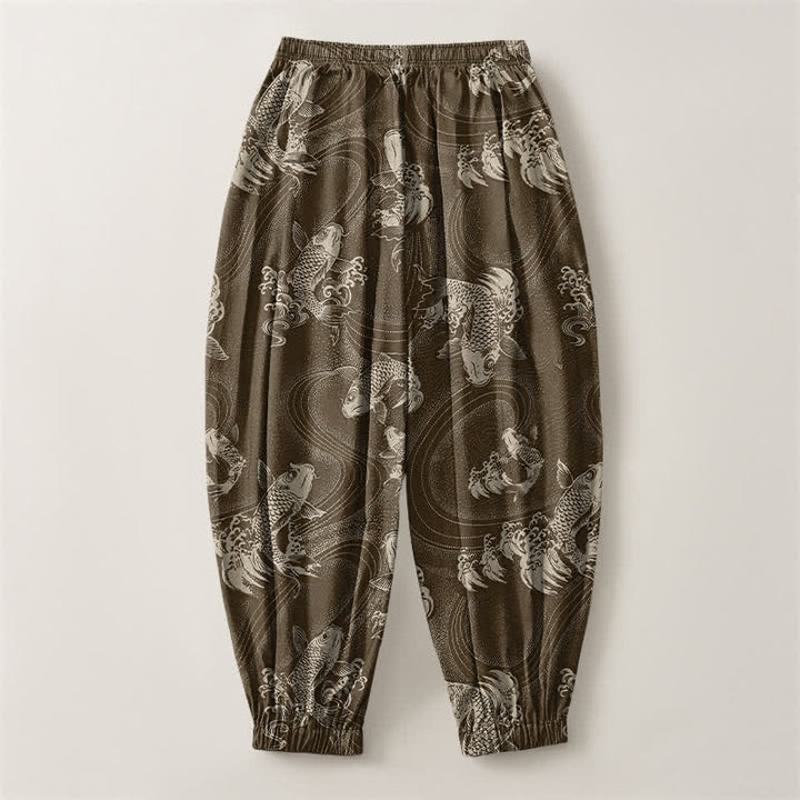 Buddha Stones Pure Cotton Koi Ripple Pattern Drawstring Men's Harem Pants With Pockets - image 14