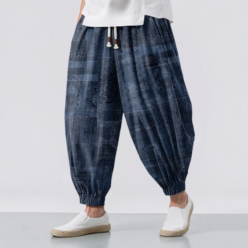 Buddha Stones Pure Cotton Shadow Paisley Pattern Drawstring Men's Harem Pants With Pockets - Navy - US/UK/AU50，EU60 (5XL) - image 0
