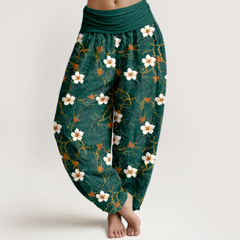 Buddha Stones Cotton White Blossom Vine Pattern Women's Elastic Waist Harem Pants - SeaGreen - US16，UK/AU20，EU48 (3XL) - image 0