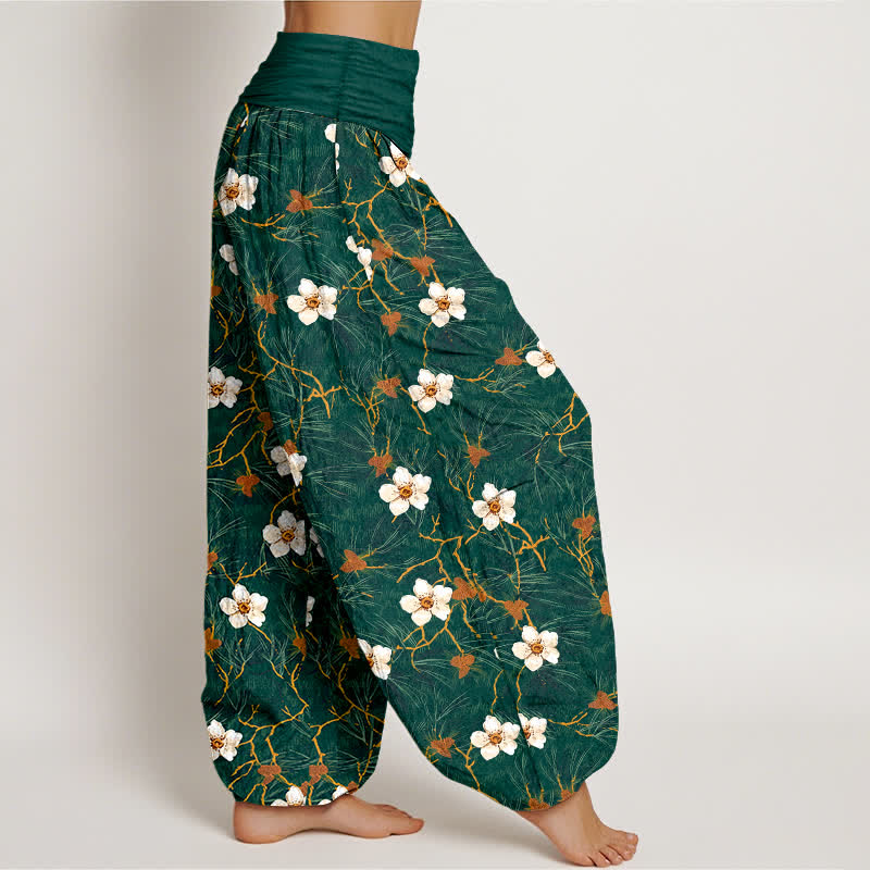 Buddha Stones Cotton White Blossom Vine Pattern Women's Elastic Waist Harem Pants - image 1