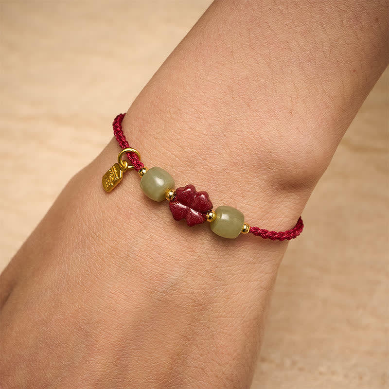Buddha Stones Cinnabar Fu Character Four-leaf Clover Red String Luck Bracelet - image 5