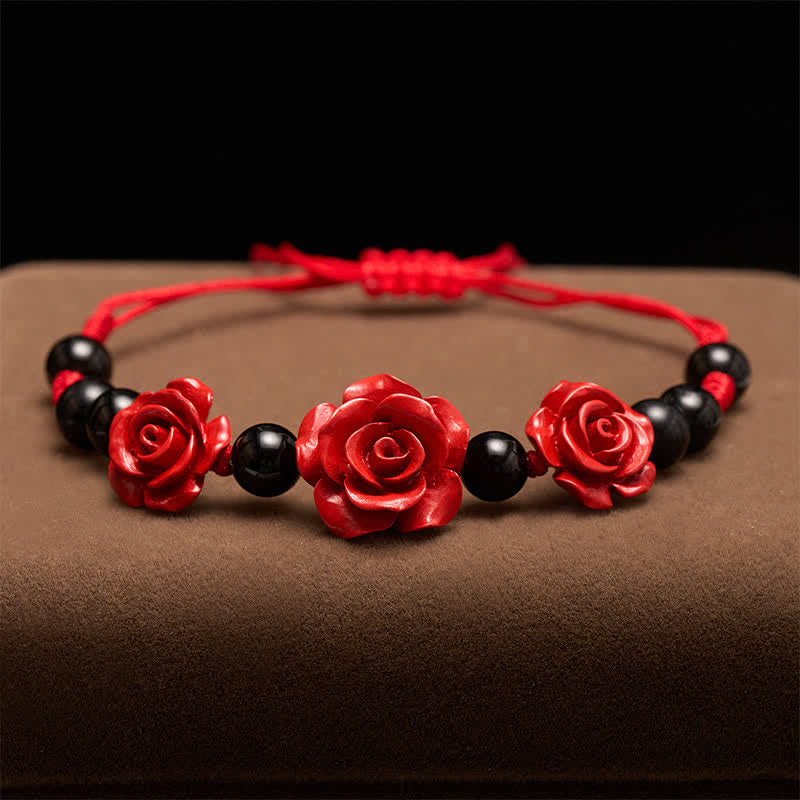 Buddha Stones Cinnabar Rose Black Onyx Red String Concentration Bracelet - image 2
