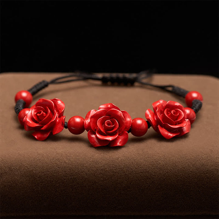 Buddha Stones Cinnabar Three Roses Black String Blessing Bracelet - image 1