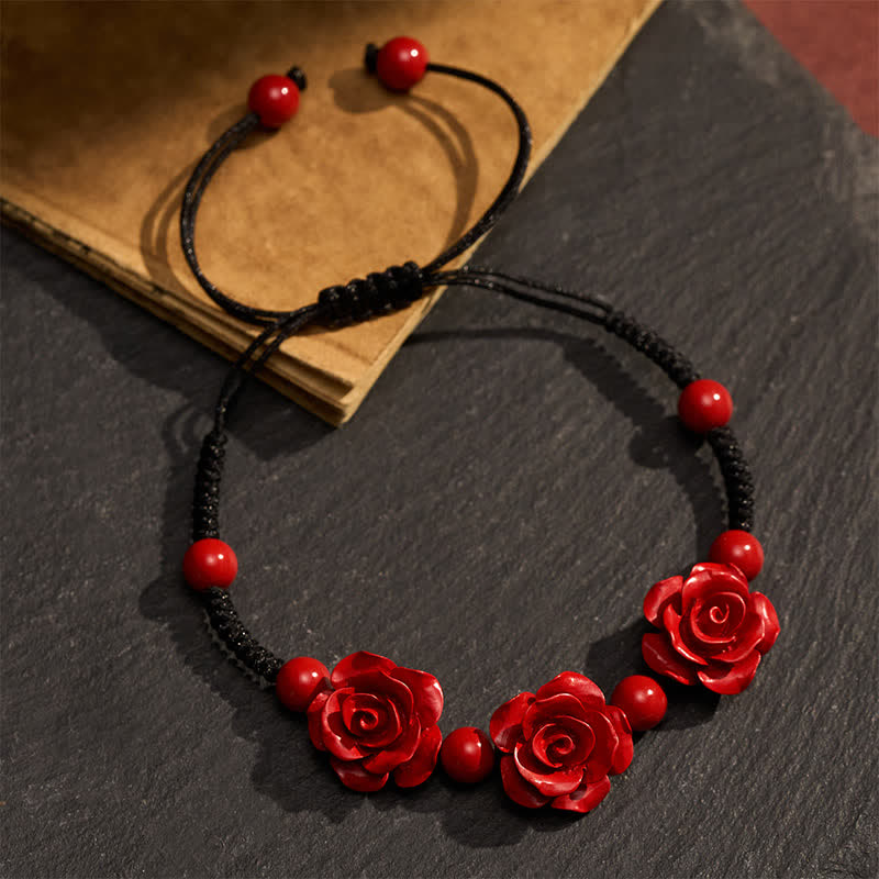 Buddha Stones Cinnabar Three Roses Black String Blessing Bracelet - image 3